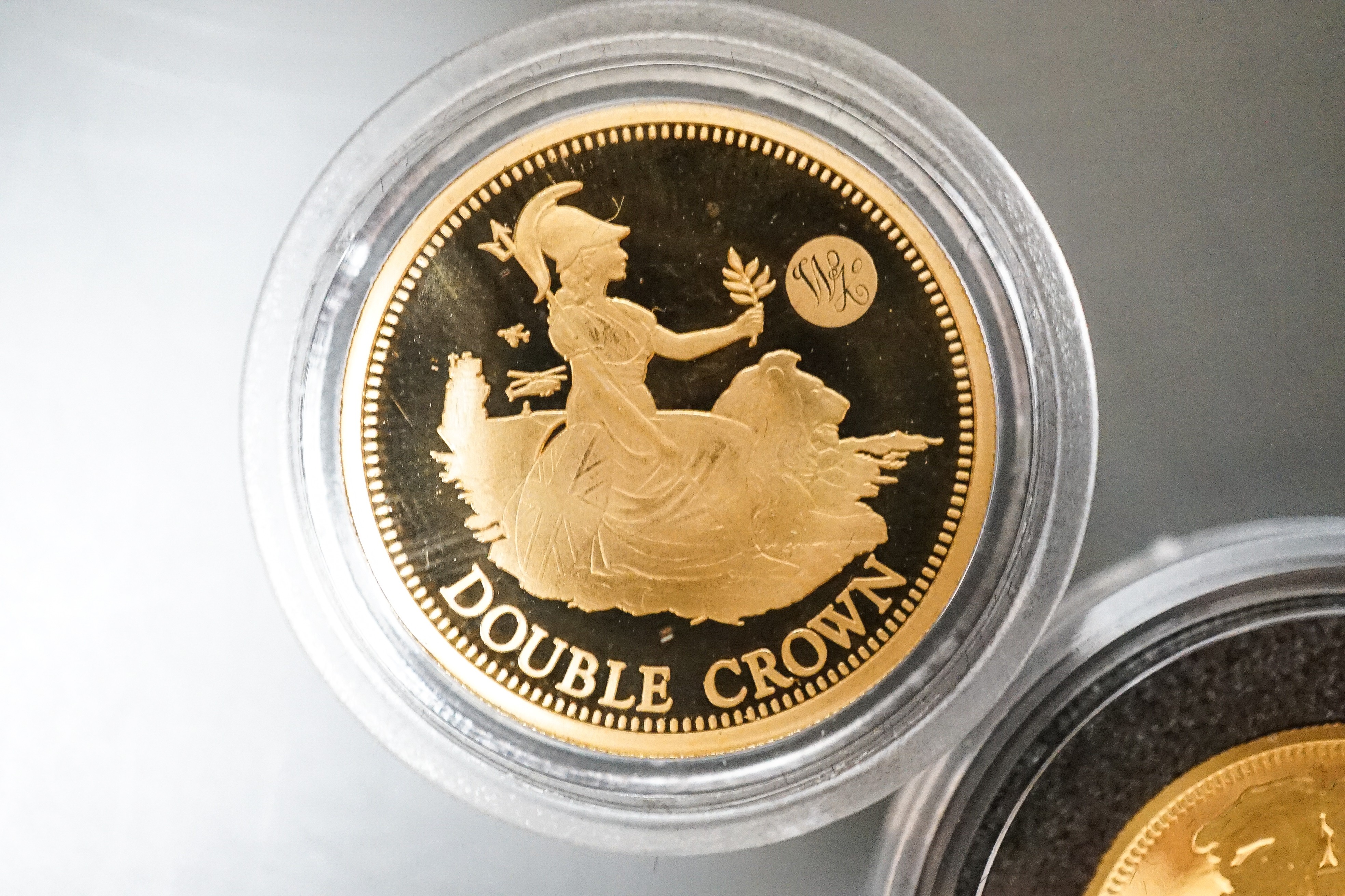 A London Mint Tristan da Cunha gold double crown and a similar gold one crown, cased with certificates